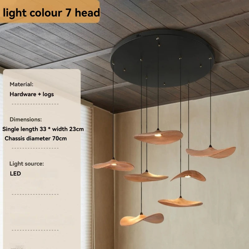 Solid wood walnut color leaf multi-head combination chandelier living room main lamp restaurant wabi-sabi retro style