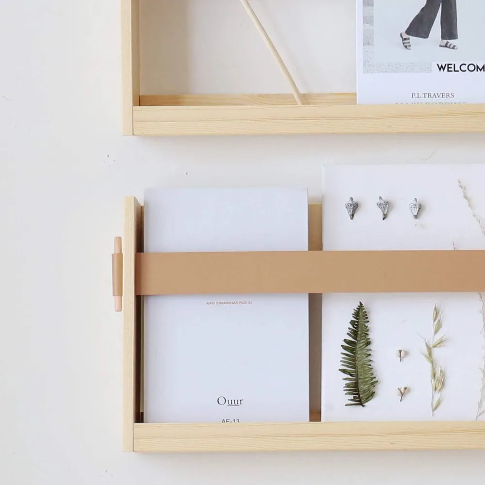 Wall-mounted leather strap magazine holder wooden file organizer for home and office entryway - united states / beige