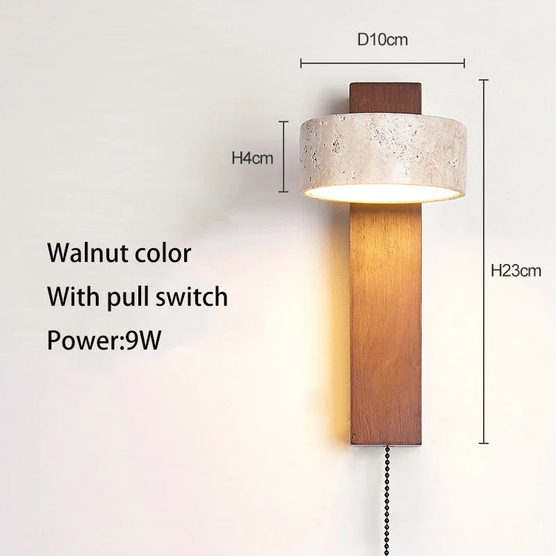 Cream style bedroom bedside wall lamp with pull switch wire rotatable led light stone homestay log wood walnut soft