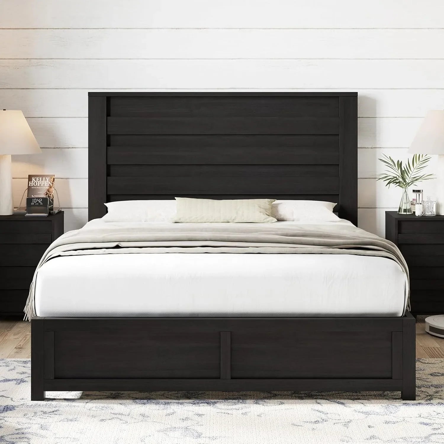 Farmhouse queen size bed frame with 49’’ tall headboard platform natural wood grain no box spring needed/noise free