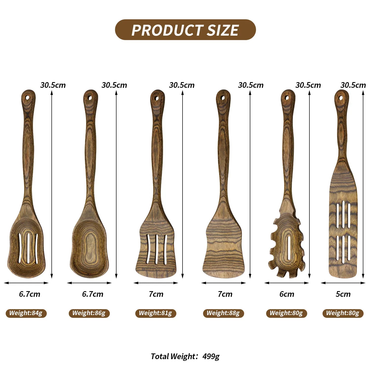 6pcs kitchen utensils set wooden pakkawood cooking spoon slotted spatula cookware turner utensil tools - black / united