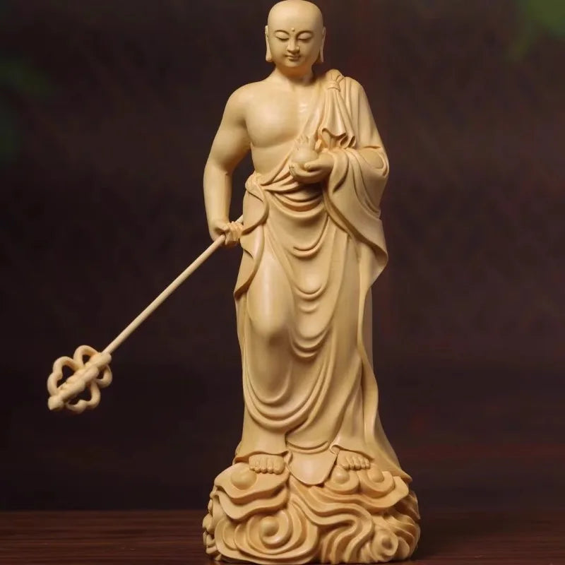 Hinoki wood hand carved ksitigarbha dizang bodhisattva standing statue figurine w/ staff jewel - spiritual ornament