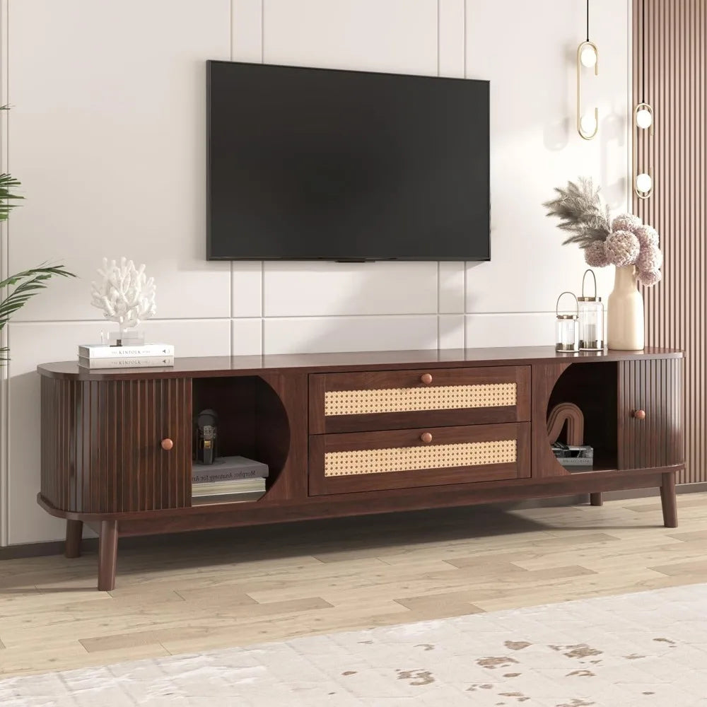 Modern fluted tv stand for 75’’ tvs – mid-century entertainment center with tambour door & rattan-fronted media console