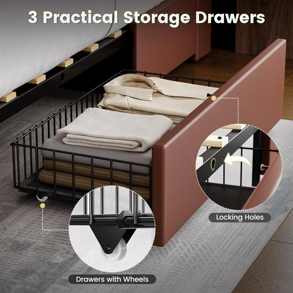 Frame with 3 storage drawers headbord charging station platform bed for bedroom living - united states