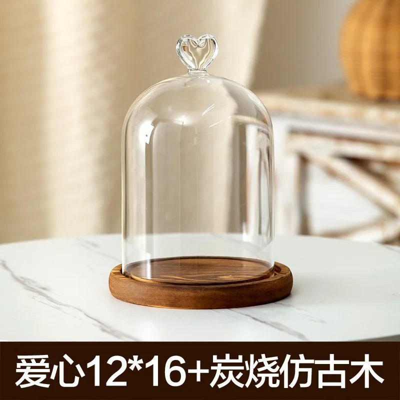 Aromatherapy candle holder ornaments dust-proof glass cover wooden base display box home decoration - love 16cm
