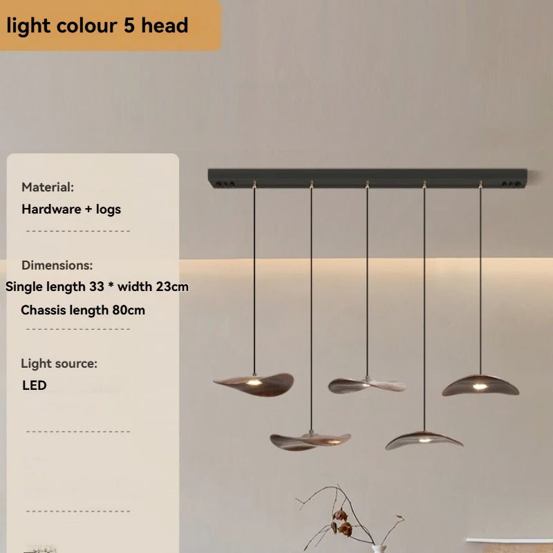 Solid wood walnut color leaf multi-head combination chandelier living room main lamp restaurant wabi-sabi retro style