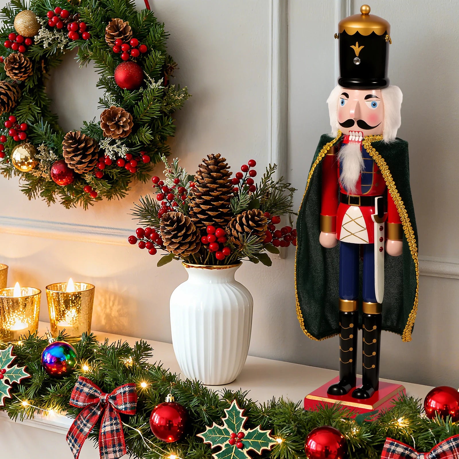 Wood nutcracker with detailed cloak 2-in-1 christmas tree ornament and standalone desktop toy for holiday decorating