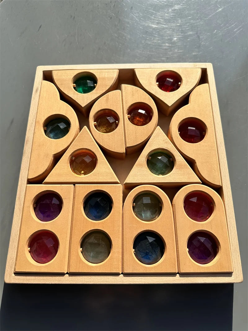 Kids large buidling wood toys x-shapes grids step gables stacking see through diy creative play - multi gems - game