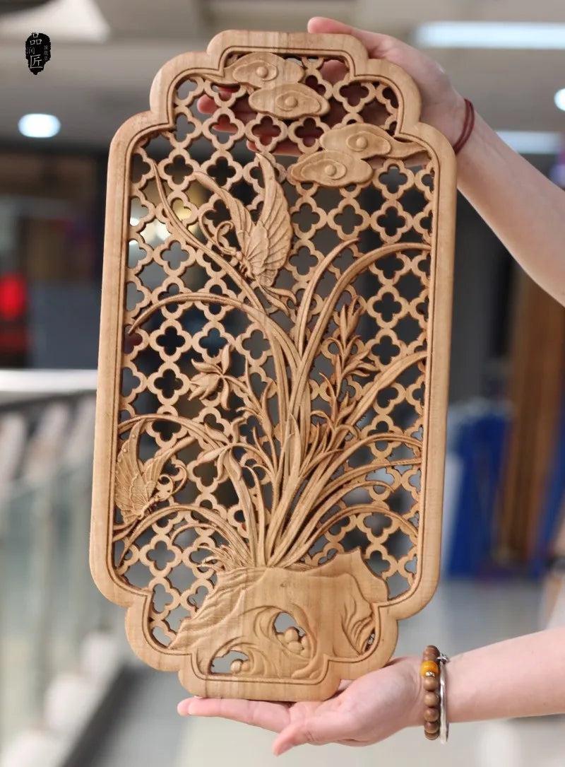 Chinese classical hollow wood carving crafts camphor wall hanging background home decoration height 35cm - log color7