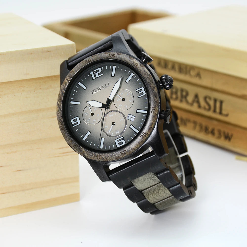 Wooden watch for men date display chronograph quartz wrist 3 sub-dials handmade light weight luminous