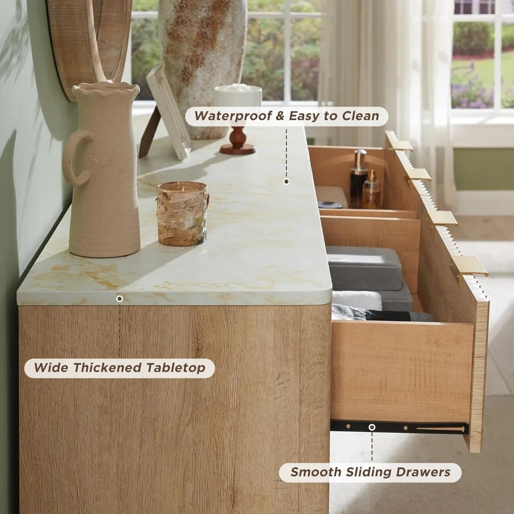 Fluted 6 drawers dresser 54’’ wide modern chest of with faux marble top curved profile design tv stand wood