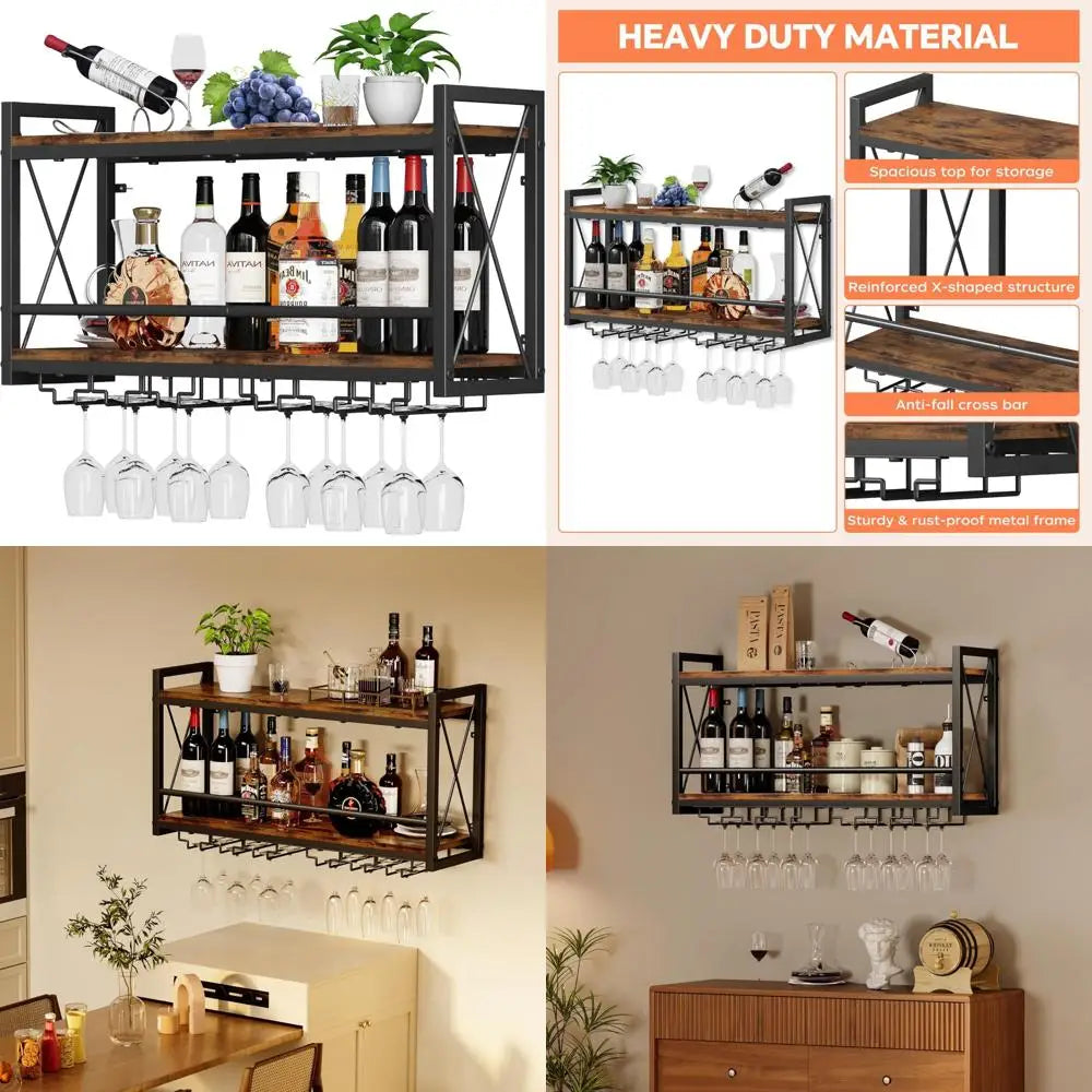 Rustic wall-mounted wine rack with bottle and glass storage for kitchen display - united states / brownblack