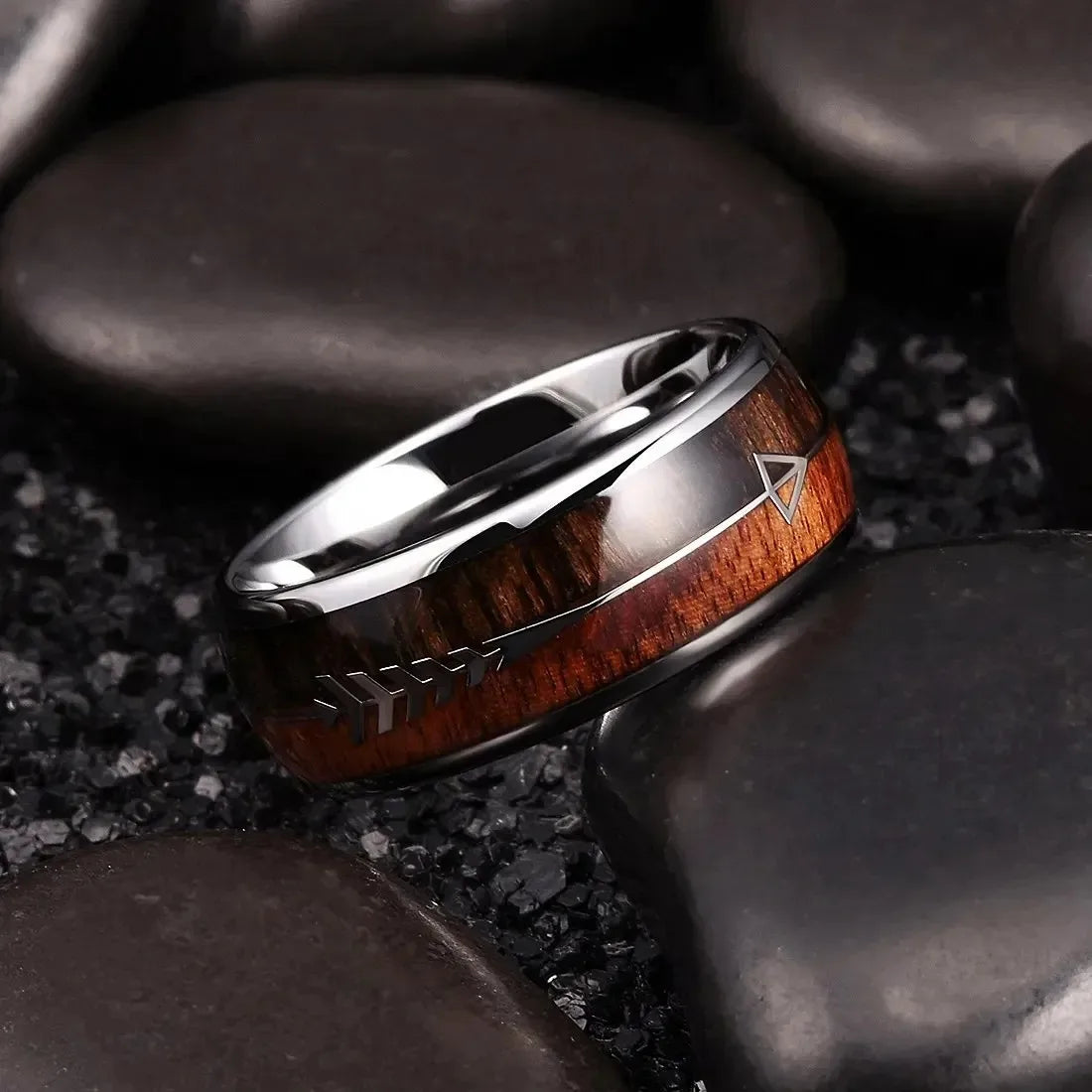 Fashion 8mm silver color stainless steel arrow rings for men women inlaid hawaiian koa wood wedding band jewelry gifts