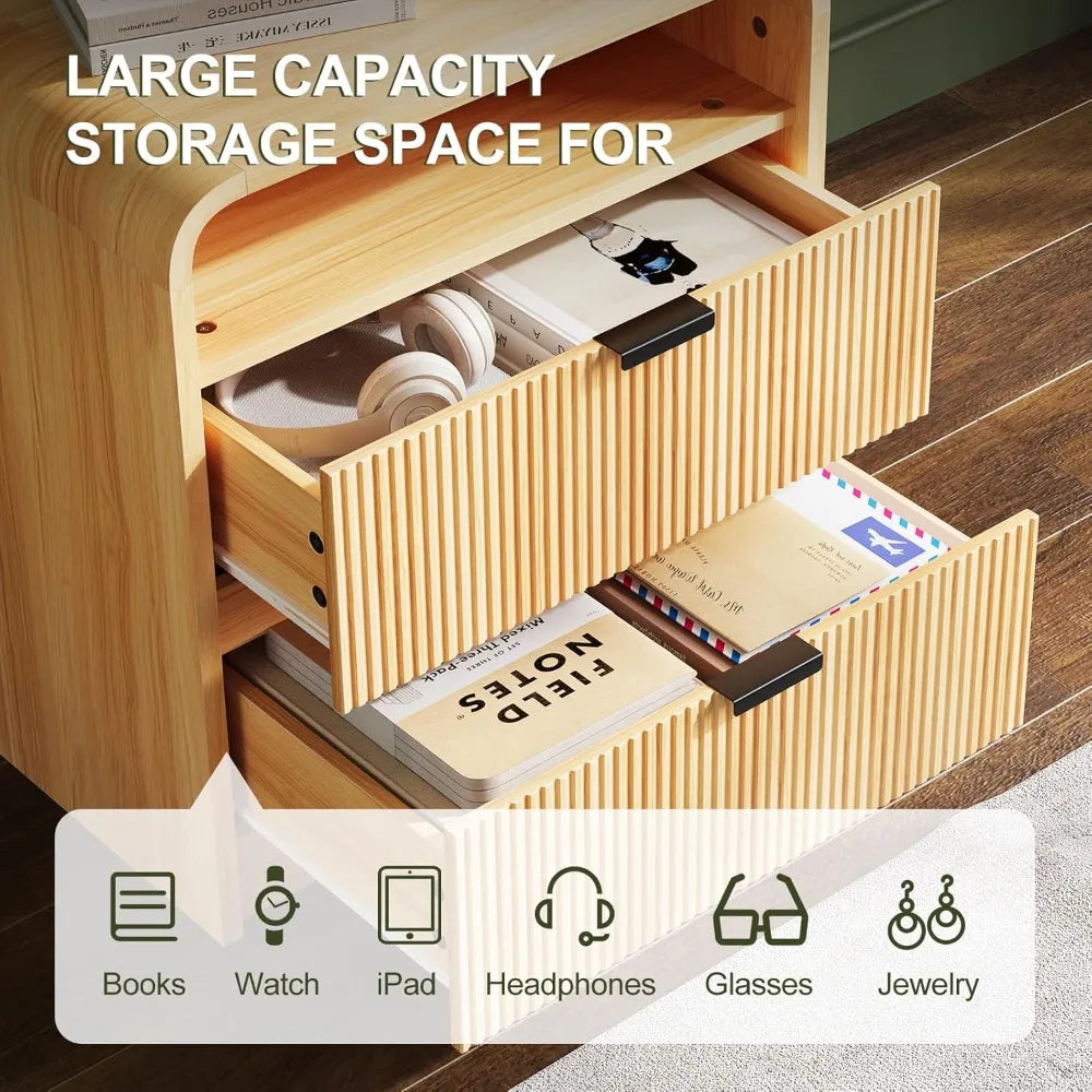 Fluted nightstand with charging station wooden end table 2 drawers storage curved profile design modern bedside cabinet