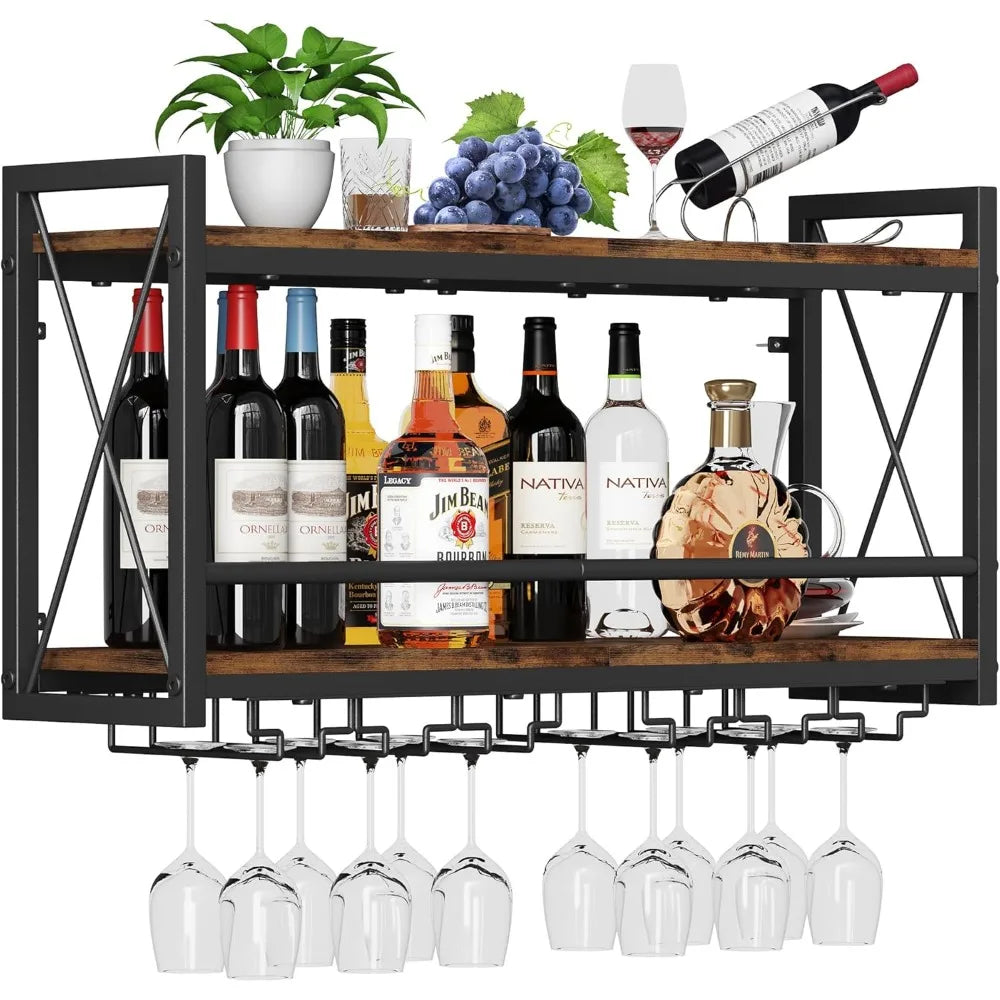 Rustic wall-mounted wine rack with bottle and glass storage for kitchen display - united states / brownblack