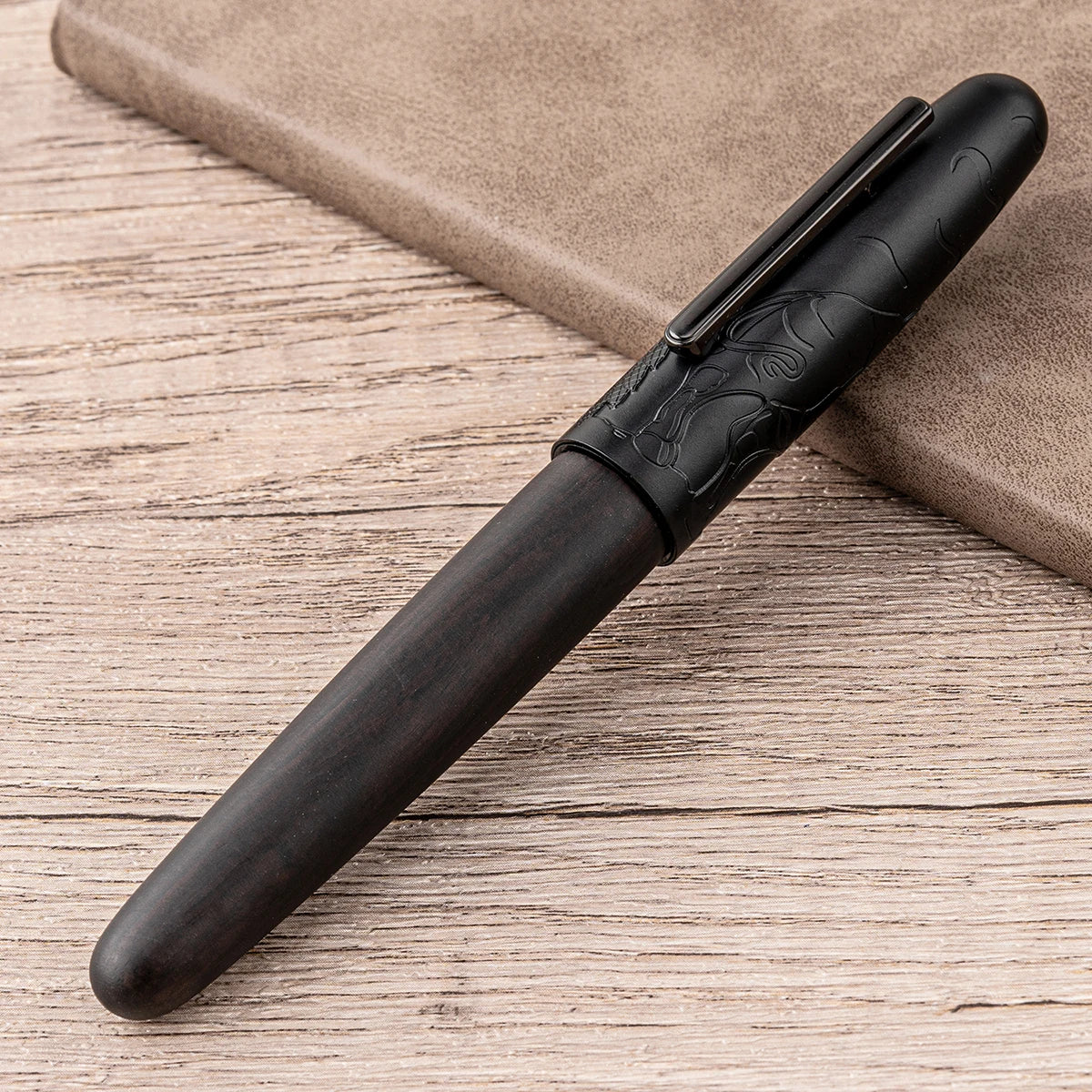 Jinhao wooden fountain pen ef/f/m nib 9056a bull embossed handmade metal writing office gift - black / ef