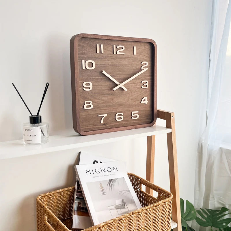 Solid wood square wall clock retro walnut silent chinese punch-free living room