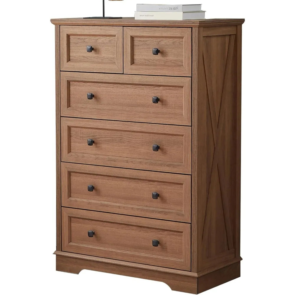 Farmhouse dresser for bedroom with 6 deep drawers modern tall chest of natural oak wood storage organizer d