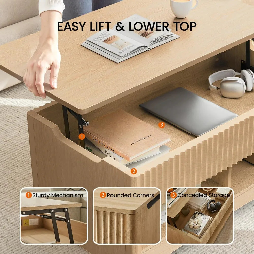 Coffee table fluted lift top 35.2’’ wood with storage shelf & hidden compartment modern rectangle center