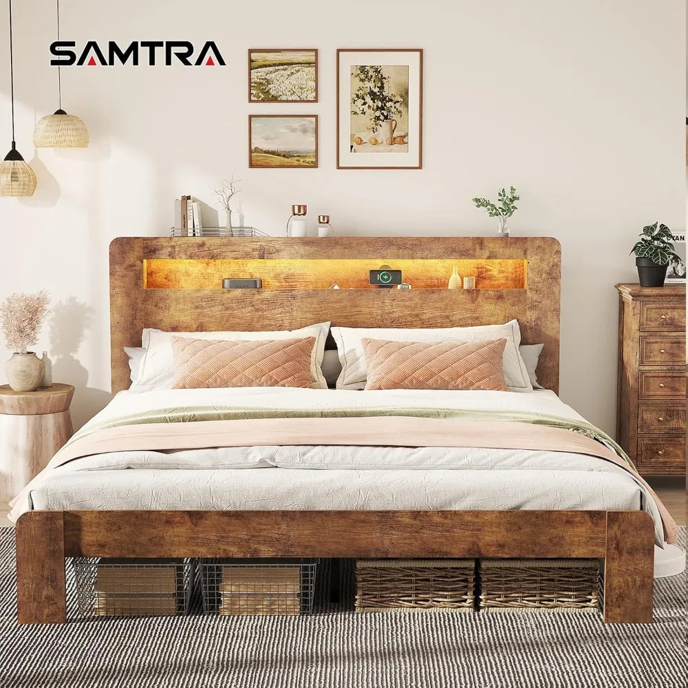 King size farmhouse style platform bed frame with storage headboard bookcase shelf and led lights - rustic brown