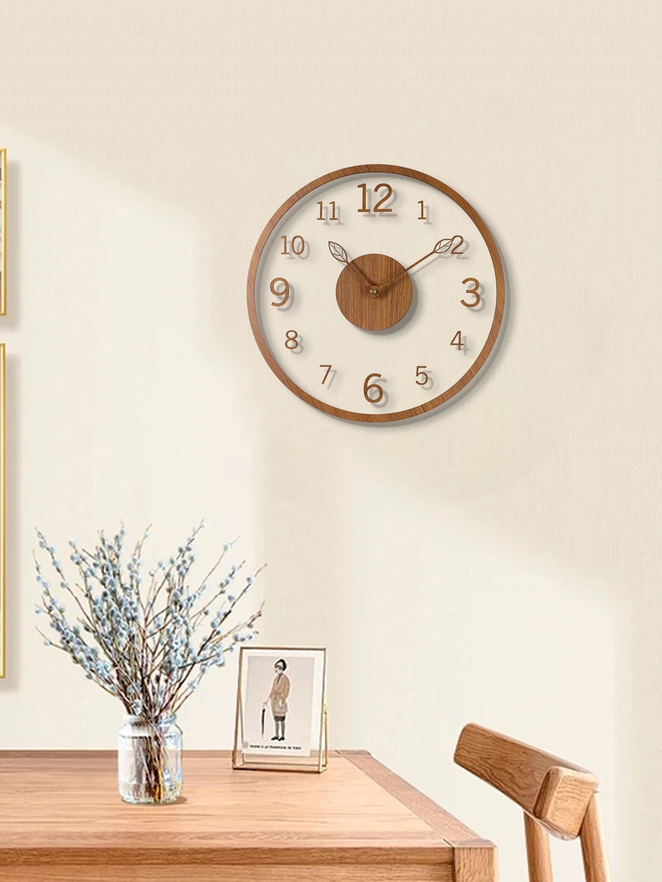 Transparent minimalist wall clock tree leaf pointer wood grain silent living room bedroom office and holiday de - 12