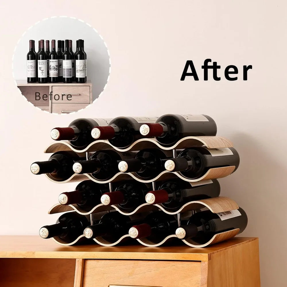 Four-tier freestanding wooden wine rack for 14 bottles - wavy design storage organizer - united states / wood - wine