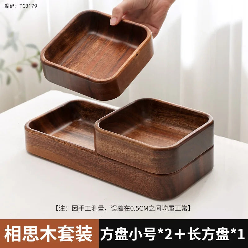 Solid wood tray acacia premium kung fu tea small fruit snacks nuts dessert plate desktop storage tableware - 3pcs set