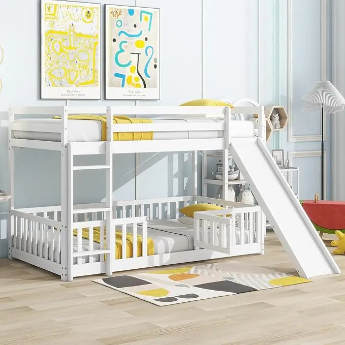 Low bunk beds twin over floor bed frame junior loft for kids boys girls teens natural - white with slide / united states