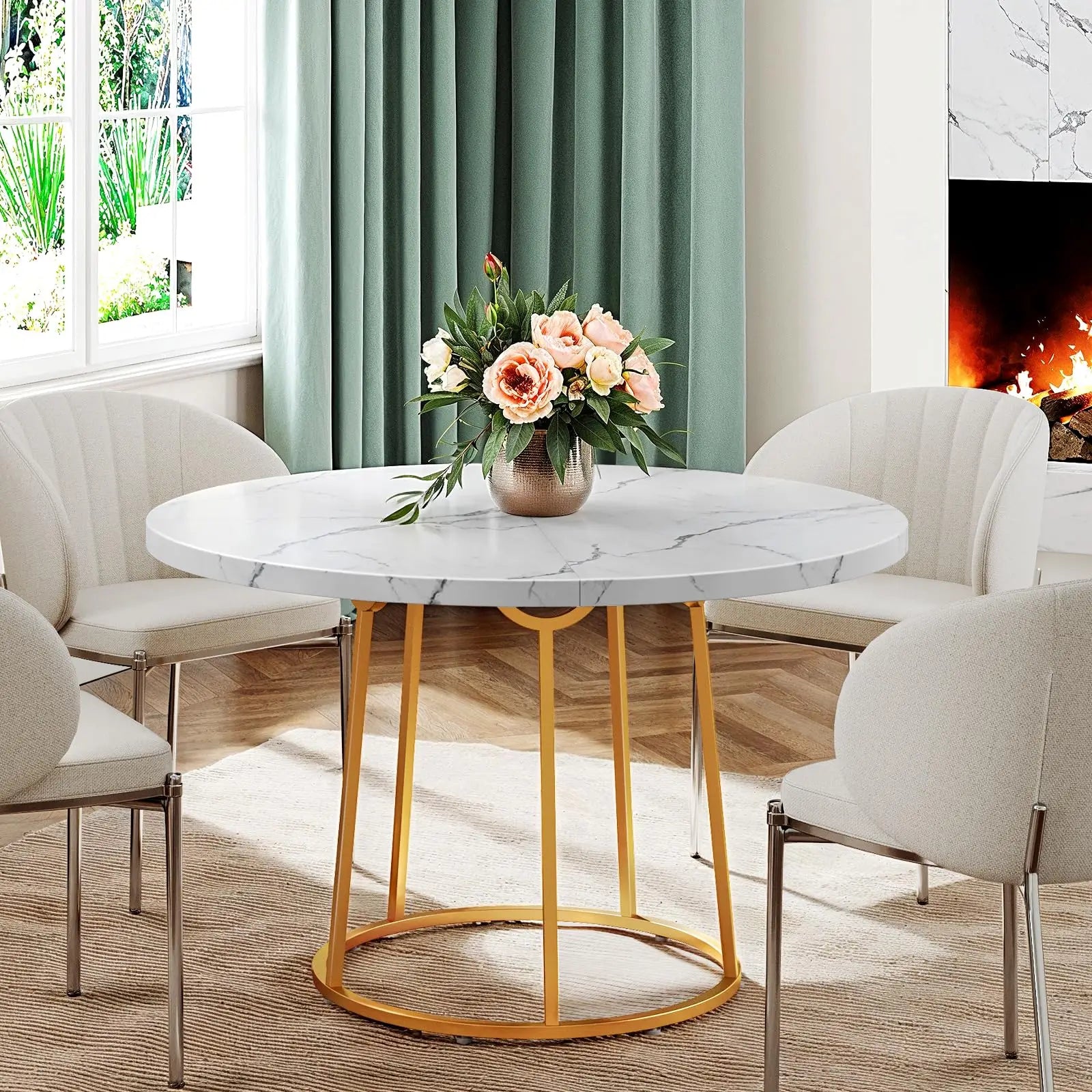 47.24 inch round dining table kitchen for 4 people wooden marble pattern dinner room with gold base home office - (a)