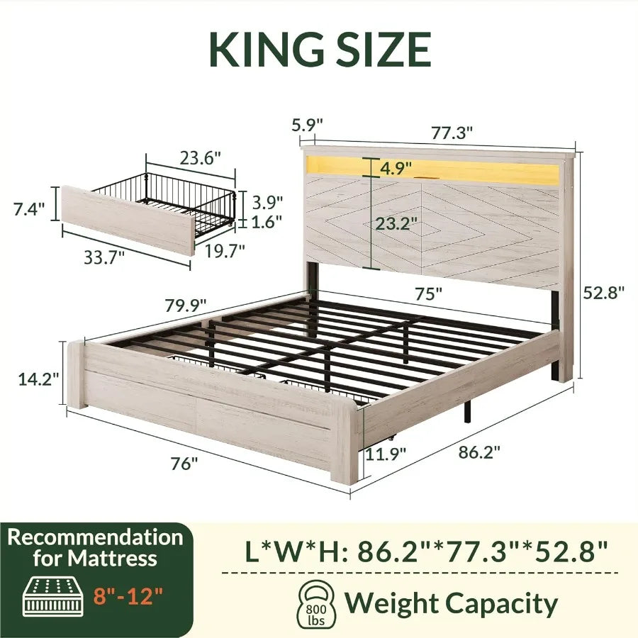King size bed frame with 2 storage drawers and headboard wooden platform led lights charging station easy as - united