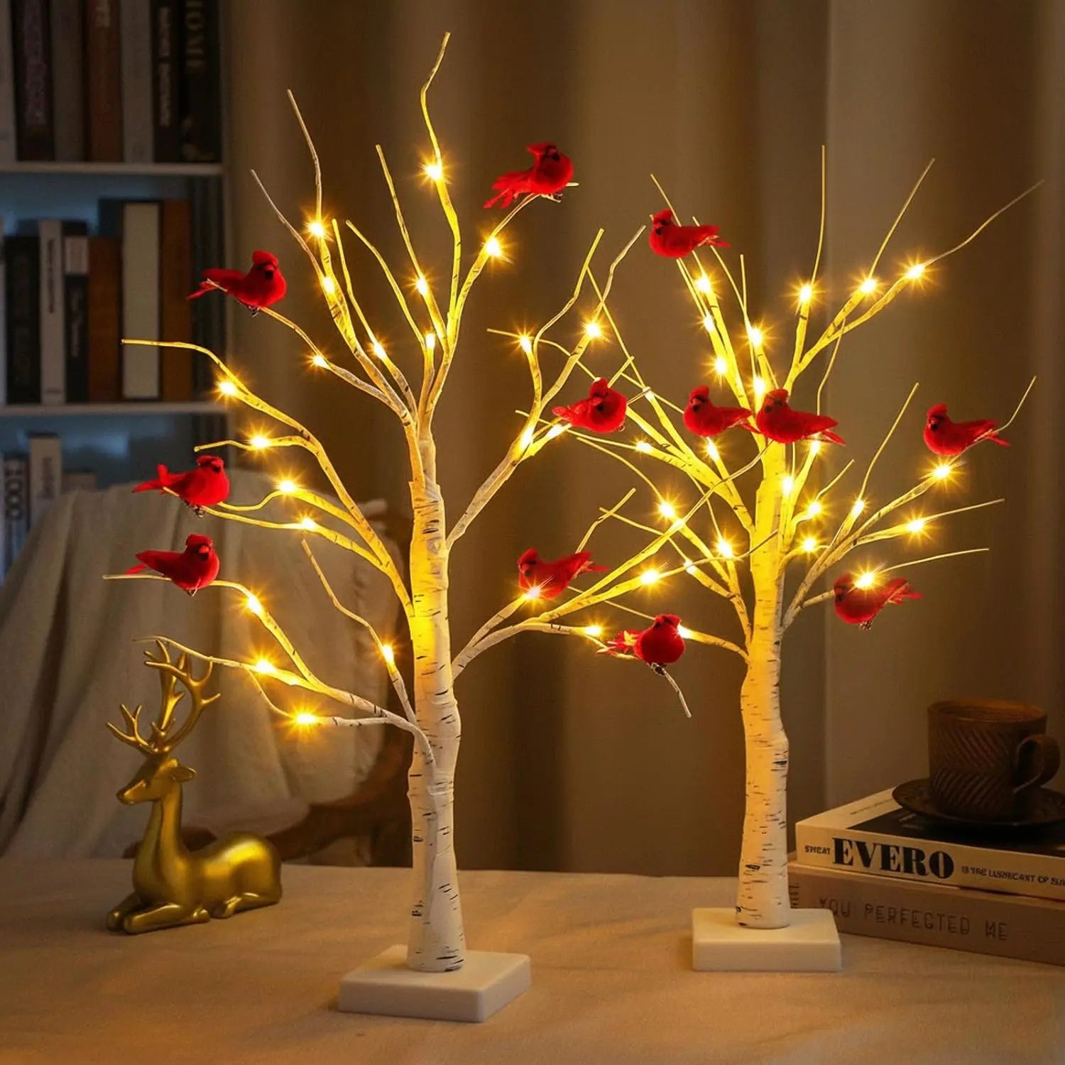 2 pcs ft lighted birch tree with 12 cardinals led battery-powered christmas table decor - united states / 0.6m