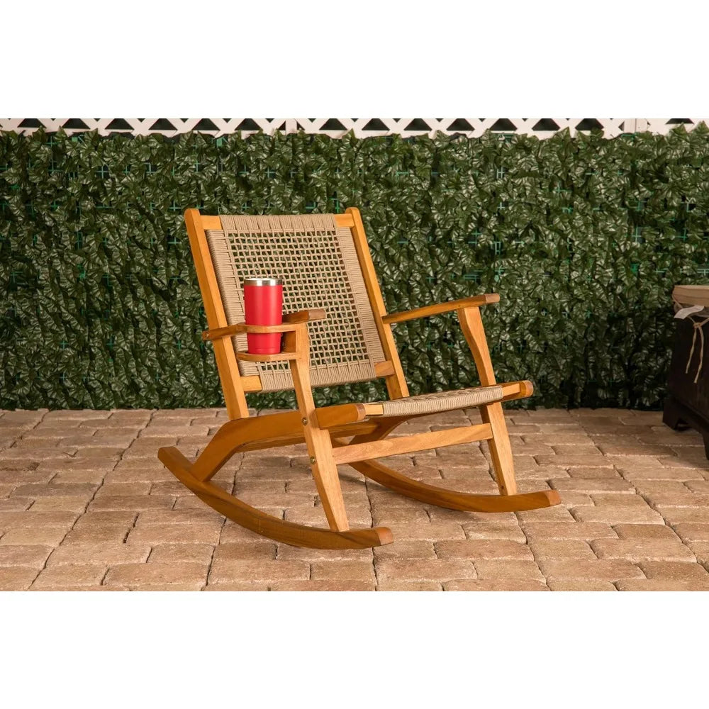Natural finish wooden rocking chair with beverage holder for outdoor use: ideal patio poolside backyard and garden