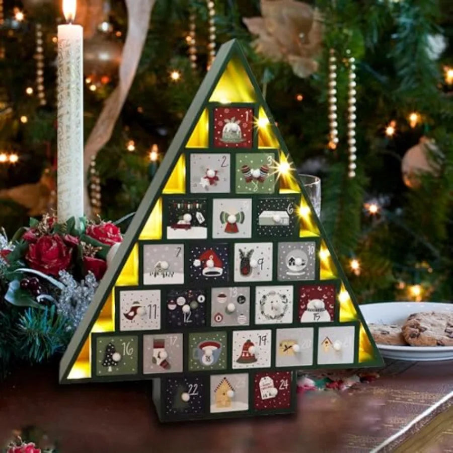 Led 24 day advent calendar decorated with storage drawers green wooden countdown to christmas for holiday home deco