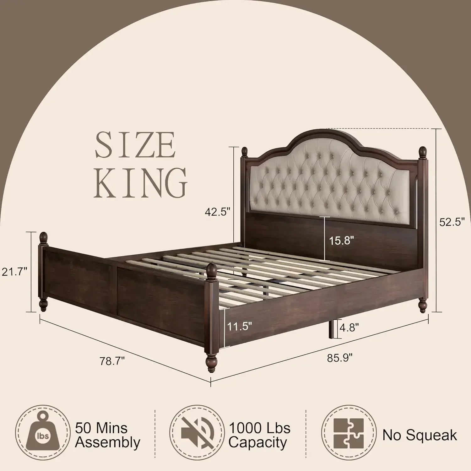 King size solid wood bed frame transitional platform with 52.5’’ upholstered tufted headboard rubberwood - united states