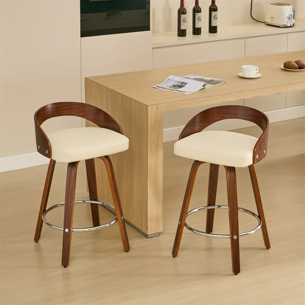 2 pcs bar pub stools set 360-degree swivel barstools with low back wood legs chairs soft cushion seat footrest