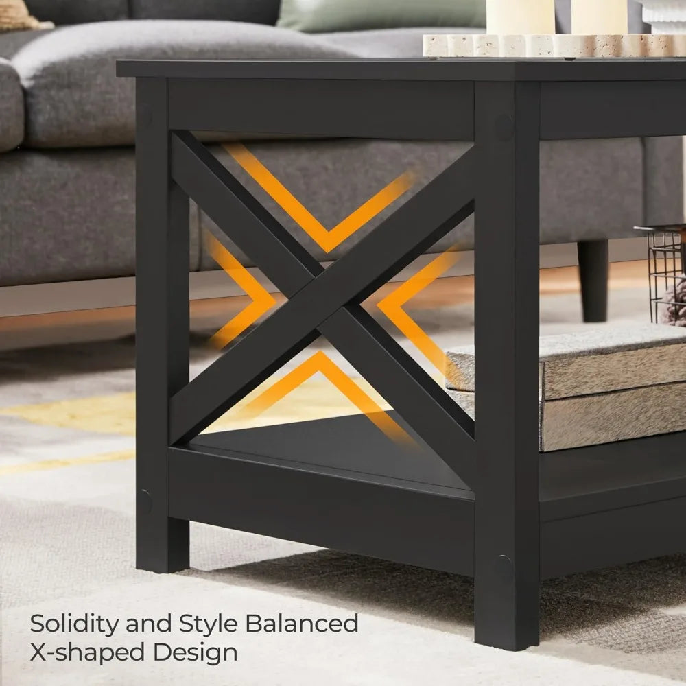 Wood coffee table with storage shelf for living room x design accent cocktail easy assembly home furniture - black