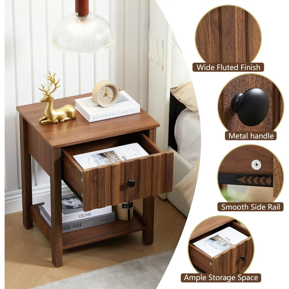 Wood nightstand 21.65’’ h bedside table with wide fluted finish modern night stands drawer mid century end