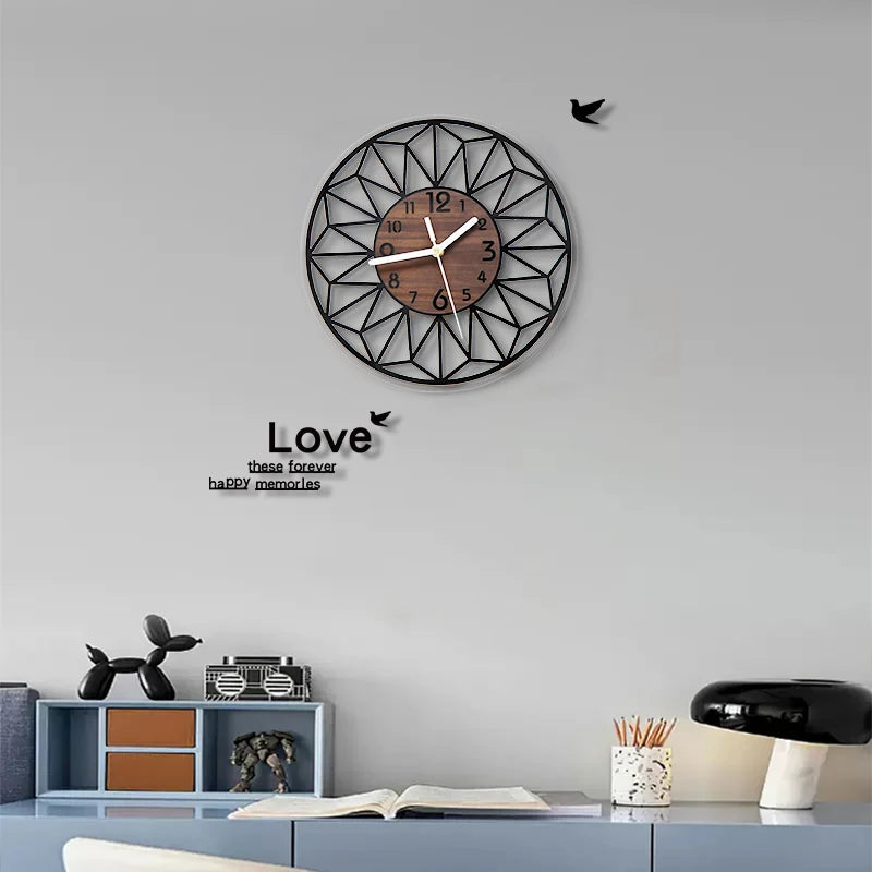 Wooden grain wall clock bedroom decoration aesthetics kitchen living room office home 12 inch - black