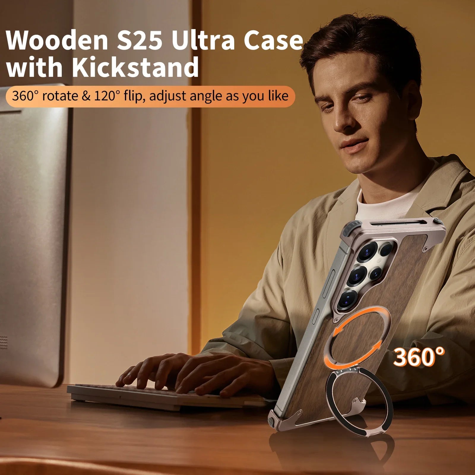 Oatsbasf wood phone case for samsung galaxy s25 s24 ultra with 360° rotatable stand wireless charging wooden protective