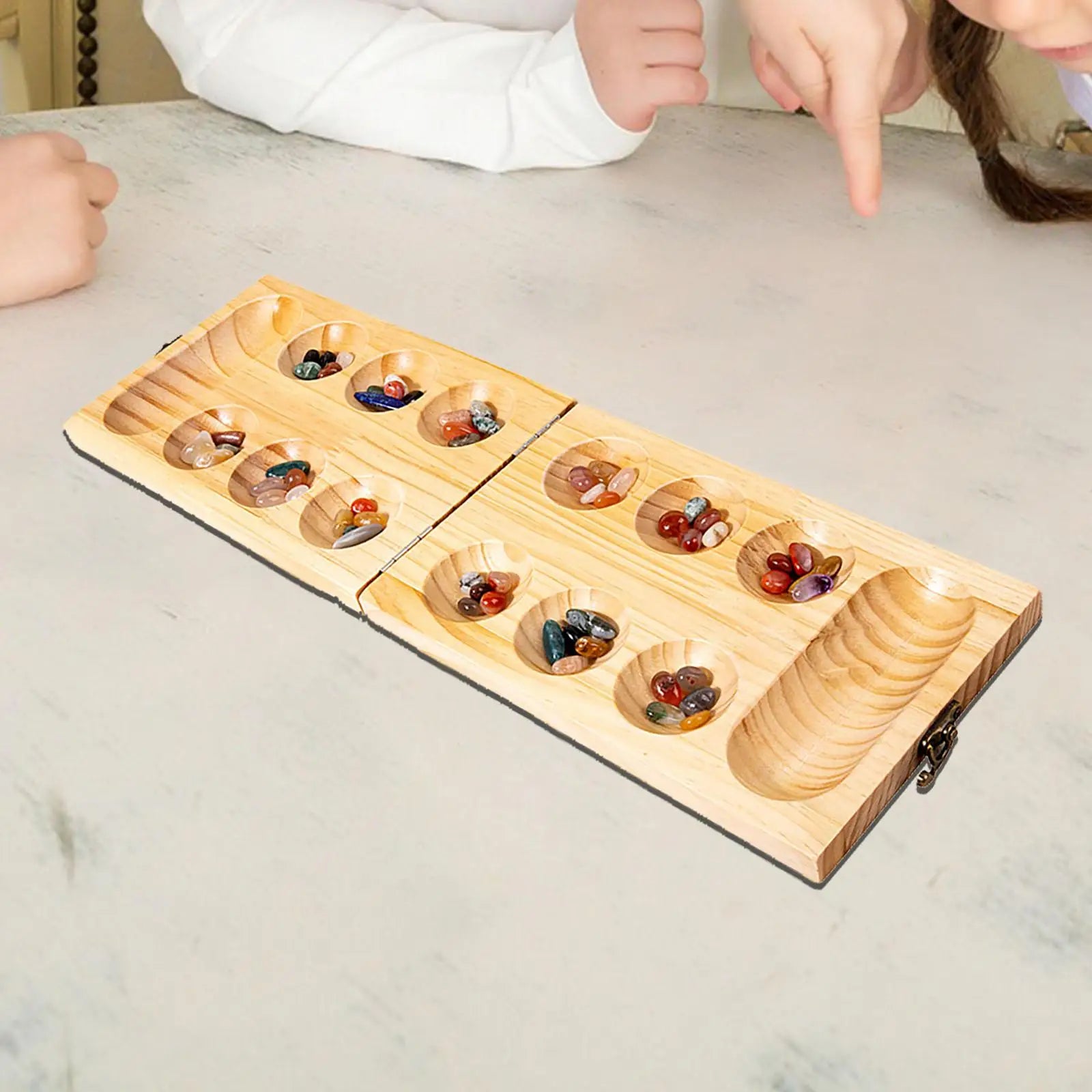 Wooden mancala board game teen 50 stones for travel party entertainment