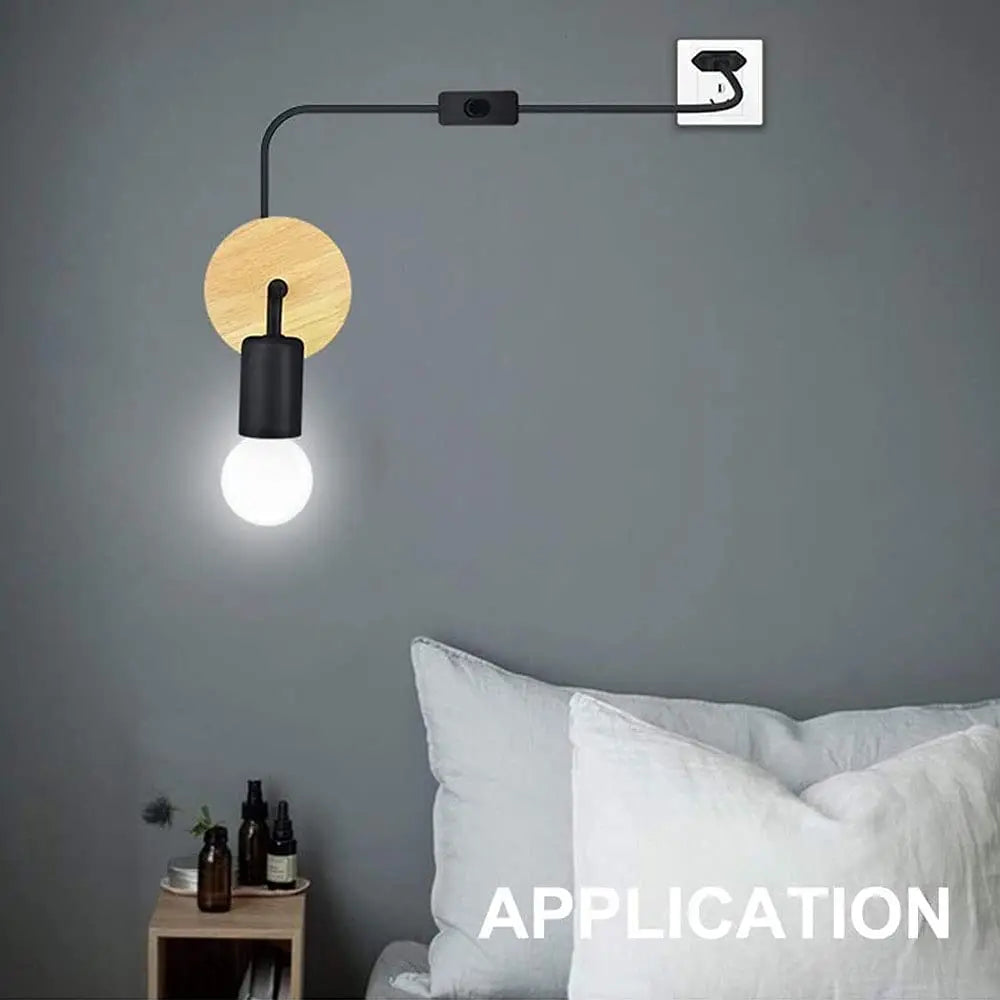1.8m modern simple iron art wall light fixture e27 with eu plug wood bedside lamp for bedroom living room stair aisle