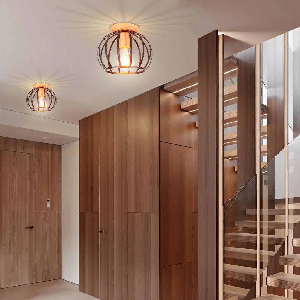 Led e27 ceiling lights vintage industrial wood lamp for kitchen living room bar restaurant wire cage lampshade lighting