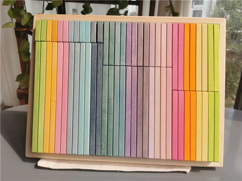 Large rainbow wood building slats construct cubes blocks pastel stacking timber toys for kids early learning - pastel