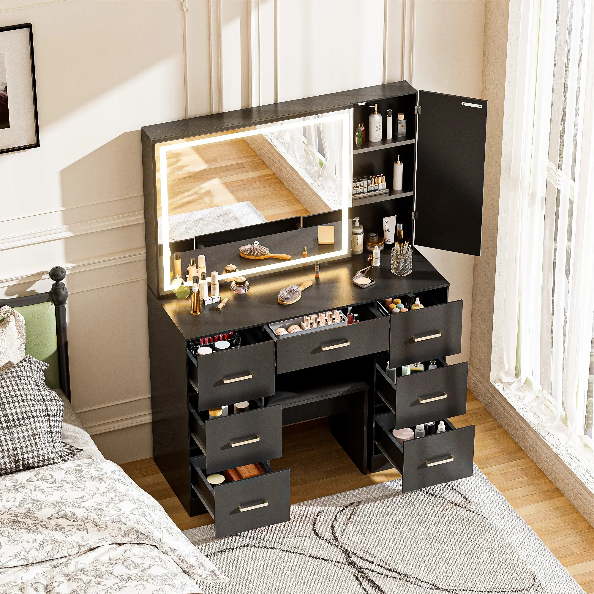 Wooden dressing table with stool/7 drawers/mirror/adjustable brightness suitable for makeup bedroom home room