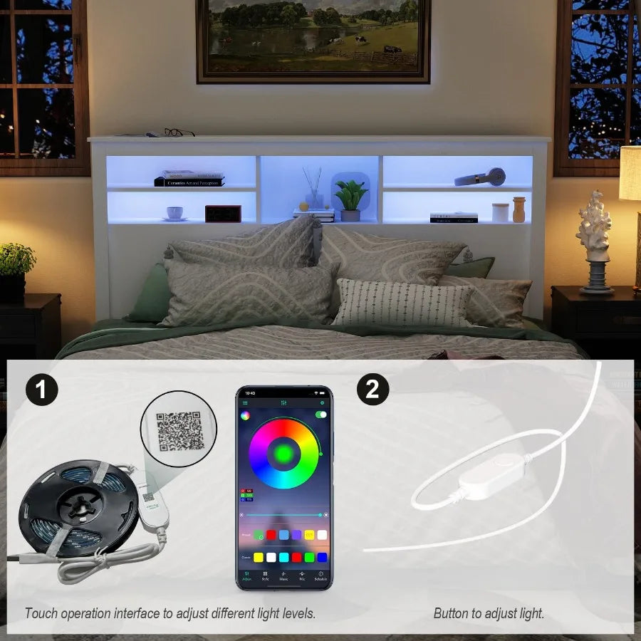 Full queen size headboard with adjustable light wood modern 5 storage shelves bluetooth remote usb port for bedr