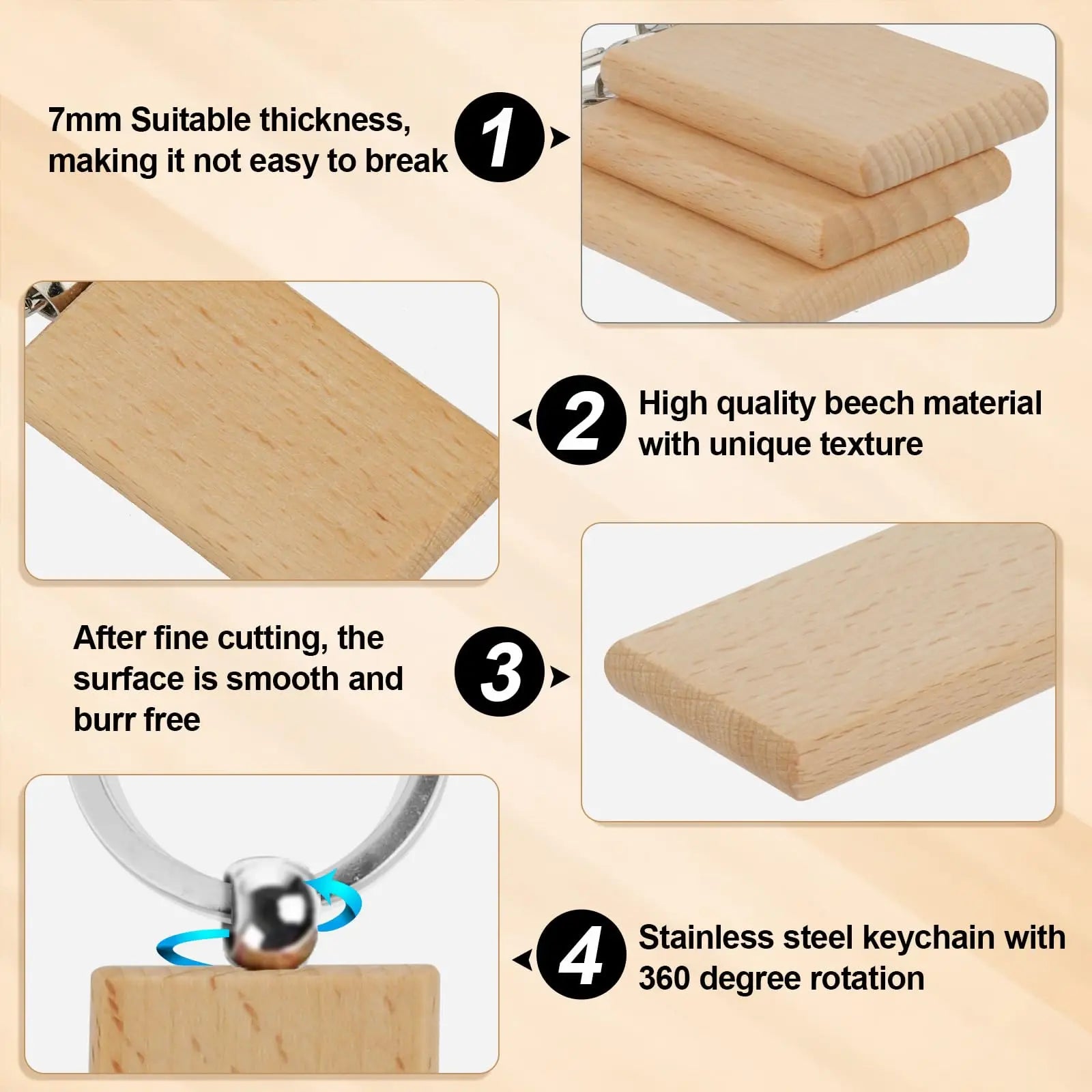 100pcs rectangular blank wooden keychain wood key chains ring suitable for gift - x - chain