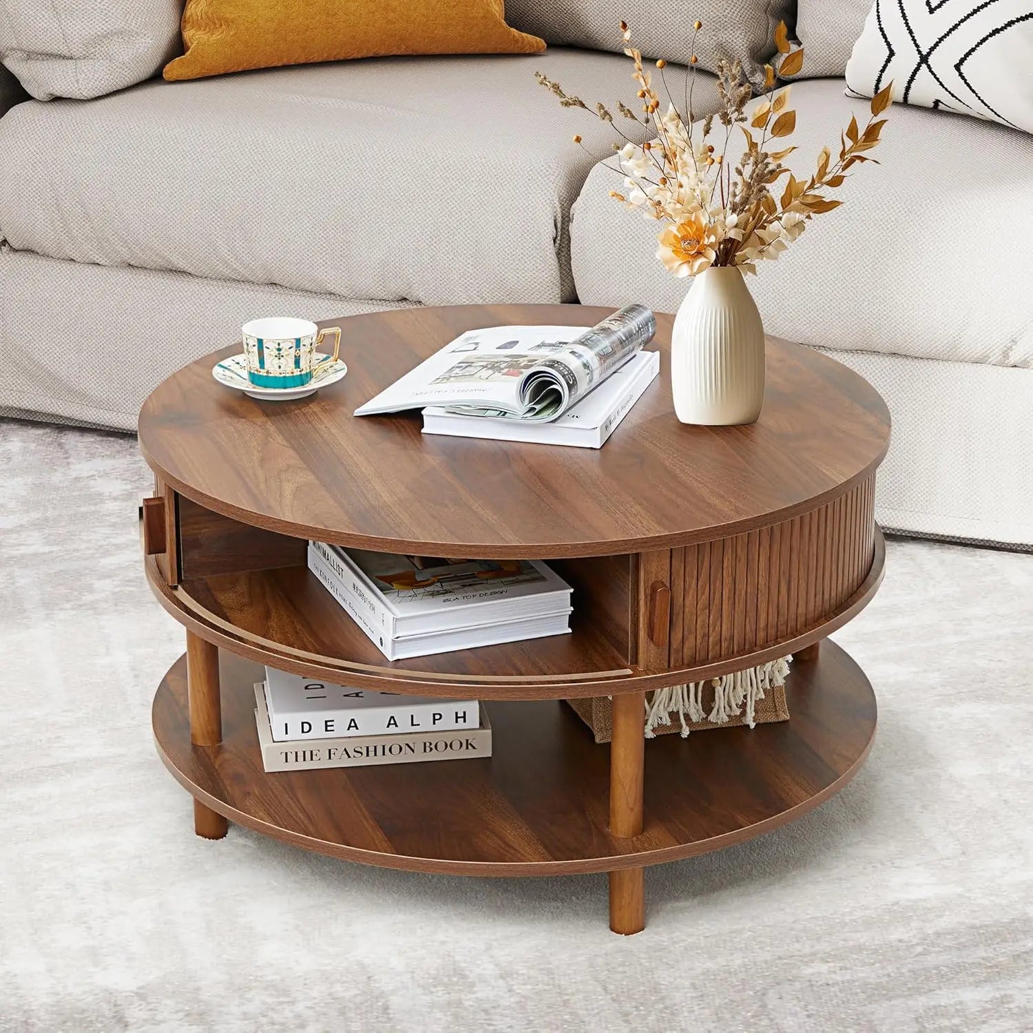 31.5’’ round coffee table with storage wood circle sliding cabinet doors fluted dining accent - walnut / united states