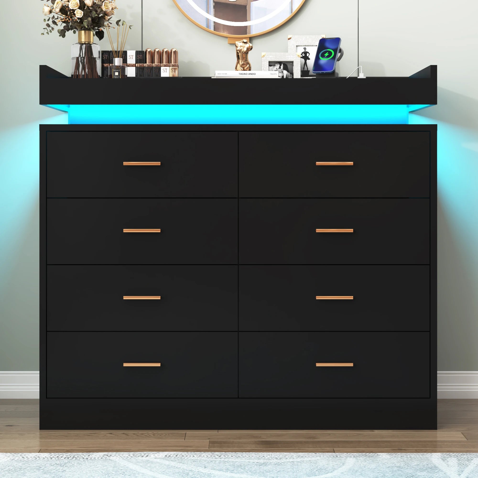 8 drawer dresser with led light modern chest of drawers for closet 47’’ wide organizer cabinet bedroom living room