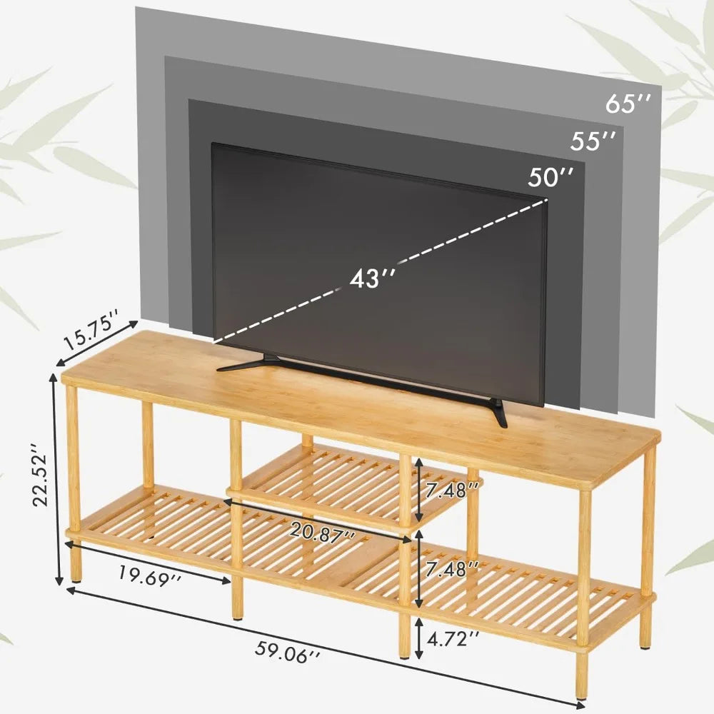 Bamboo tv stand for 60-65 inch tvs: 3-tier open storage entertainment center wooden living room table - natural