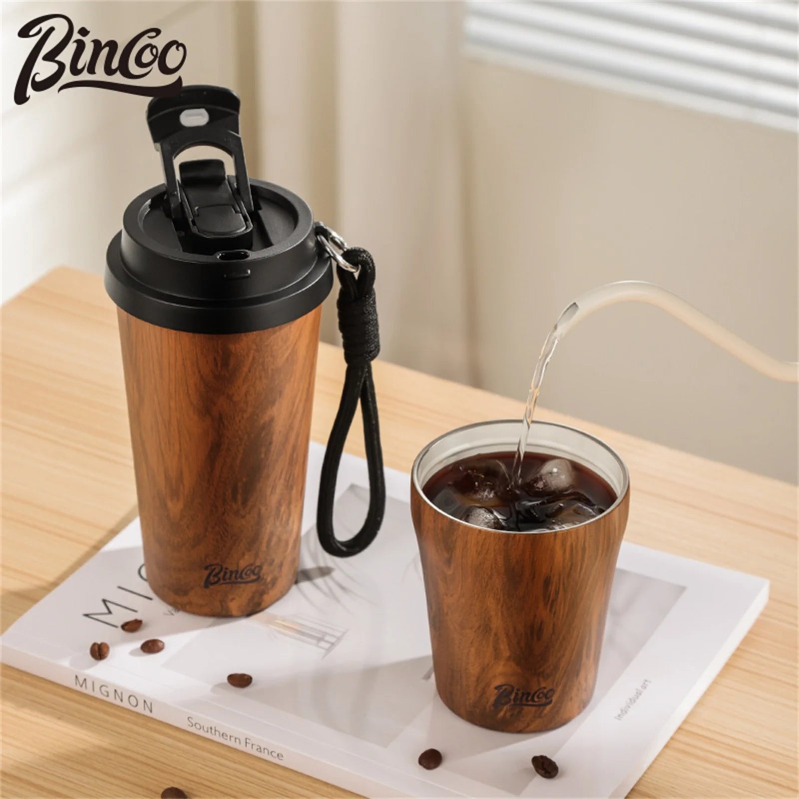 Bincoo 500ml wood grain pattern coffee thermal cup travel mug insulated vaccum portable 304 stainless steel thermos cups
